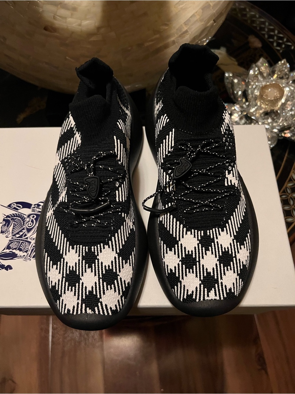 Burberry Black & White Houndstooth Knit Sock Sneakers